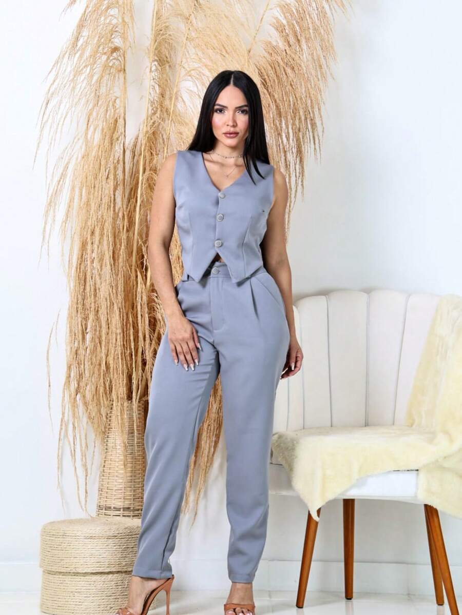 Women's Formal Skinny Pants Tailoring Set - Grey - View 1