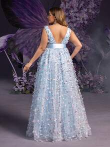 Faeriesty Vestido de noche largo hasta el suelo con cuello en V sin mangas, cinturón de cintura extraíble y tela bordada con flores 3D para mujeres embarazadas de talla grande - Vestido de maternidad para fiesta de primavera y verano - Celeste - Ver 3