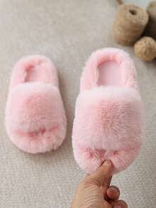 Fashionable & Simple Girls' Plush Slippers, Solid Color, Minimalist Design, Warm Fuzzy Winter House Shoes - Pink - View 5