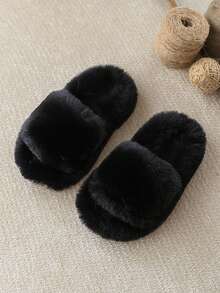 Fashionable & Simple Girls' Plush Slippers, Solid Color, Minimalist Design, Warm Fuzzy Winter House Shoes - Black - View 13