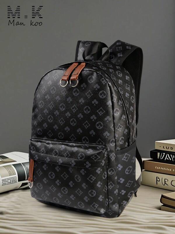 Mens Elegant Plum Blossom Print Backpack, Geometric Pattern Retro Floral Design, Waterproof PU Thick Computer Bag, Large Capacity Student Backpack For College, Business Travel, Casual Daypack, Gift For Men (Suitable For Back To School Season)