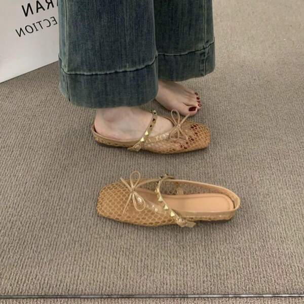 Mocasines de punta cerrada con una tira, sandalias de verano para exteriores de malla transpirable para mujer, estilo chinoiserie metálico