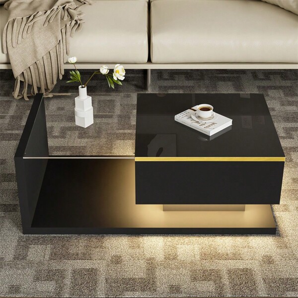 Sairedel 90 cm langer Couchtisch, Hochglanz-Weiß. Beistelltische, Couchtische mit Glas und LED-Effekt