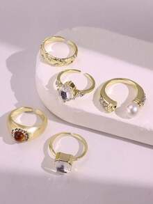 4pcs/Set Fashionable Versatile Sparkling Luxurious Pearl & Rhinestone Ring Set, Elegant Jewelry For Women, Suitable For Daily, Work, Holidays - Multicolor - View 7