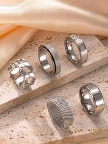 5pcs Fashion Stainless Steel Rings Set, Simple Golden Rotatable Rings, Hip Hop Hollow Out Rings Set - 5pcs - View 5
