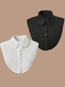 1 件女士刺绣蕾丝领，经典时尚雪纺假领，适合运动衫/运动衫，黑色和白色