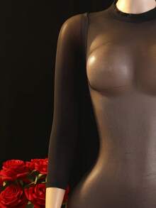Long Sleeve Sheer Dress, Sexy Lingerie Jumpsuit, Polyamide Knit, Solid Color, No Padding, Adult Wear - 黑色 - 查看 5