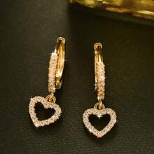2pcs Vintage Heart Zirconia 16K Gold Hoop Earrings, Minimalist Sexy Style Pendant