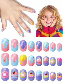 NAIO 24 قطعة أظافر مصقولة للأطفال، 1 عبوة أظافر صناعية متعددة الألوان للأطفال، بتصميمات الدونات والكعك، أظافر كاملة الغطاء بأطراف صغيرة مسبقة الصمغ كهدايا للبنات في أعياد الميلاد والحفلات والتجميل