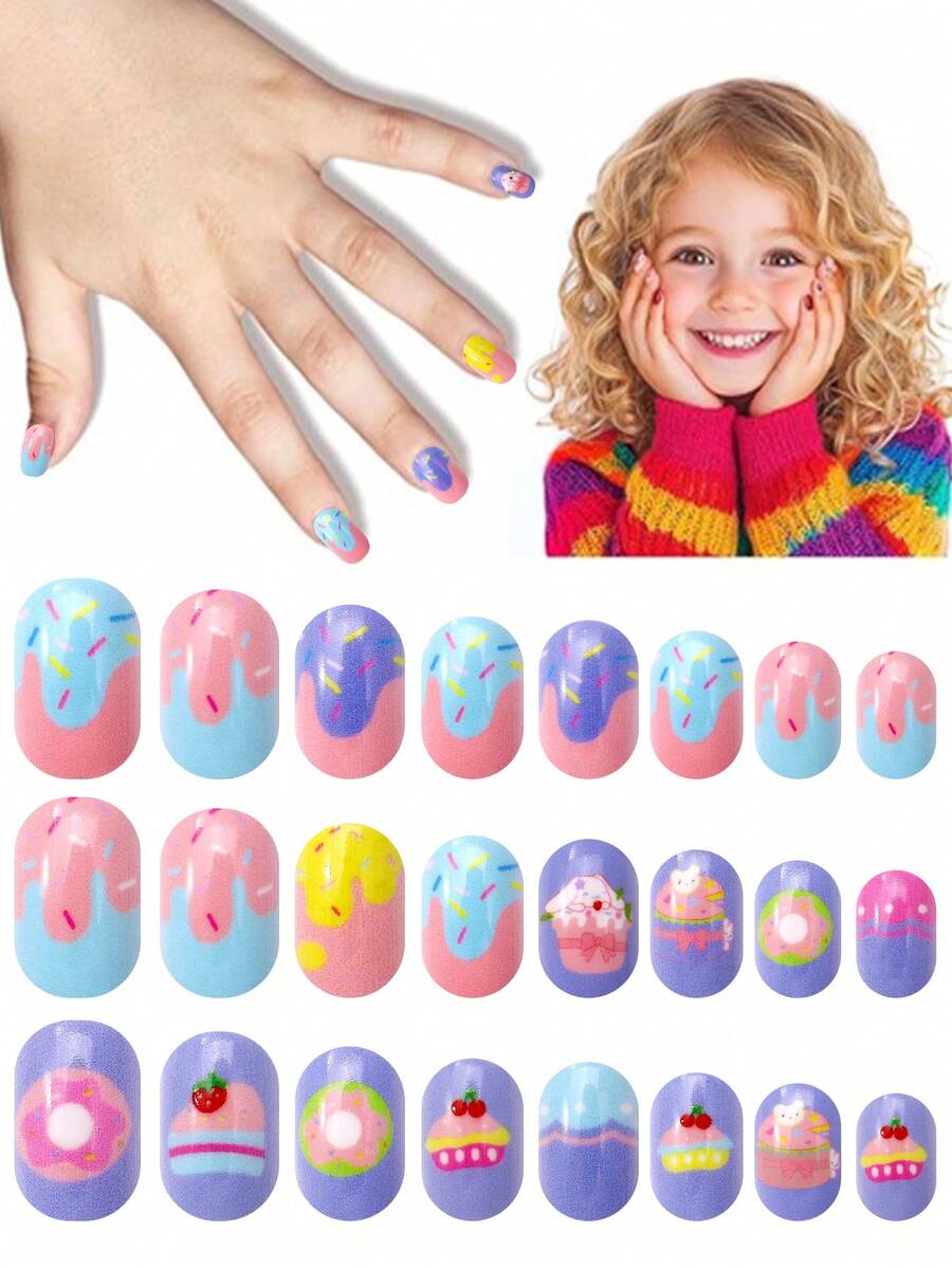 NAIO 24 قطعة أظافر مصقولة للأطفال، 1 عبوة أظافر صناعية متعددة الألوان للأطفال، بتصميمات الدونات والكعك، أظافر كاملة الغطاء بأطراف صغيرة مسبقة الصمغ كهدايا للبنات في أعياد الميلاد والحفلات والتجميل
