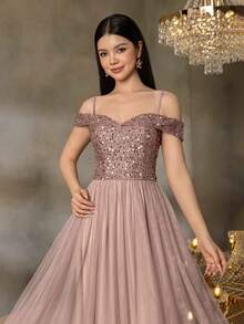 ALISA&LEO Teen Girls' Sequin A-Line Evening Gown - Off-Shoulder Sweetheart Neckline, Sheer Tulle Skirt & Fitted Sequin Bodice For Graduation Proms, Wedding Guest Outfits, Formal Dinners & Luxury Galas