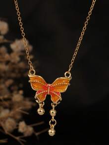 1 件不锈钢简约渐变色珐琅蝴蝶吊坠项链带流苏，适合女性派对和日常佩戴 - 金色 - 查看 1