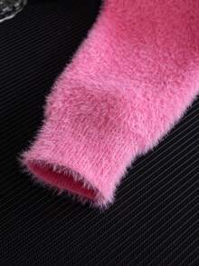 Girls' Street Style Bow Knit Sweater, Faux Fur Trim, Suitable For Casual Wear In Spring, Autumn And Winter