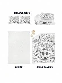Conjunto de cama com 4 peças de estampa de futebol em preto e branco, estilo desenho animado, inclui 1 capa de edredom + 2 fronhas + 1 lençol, adequado para quarto, hotel, escola, apartamento