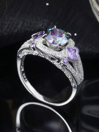 1 st S925 sterlingsilver 1 karat regnbågssten förlovningsring, lyxig och glänsande, lämplig för bröllop, fest, present till vänner och familj, ramadansmycken