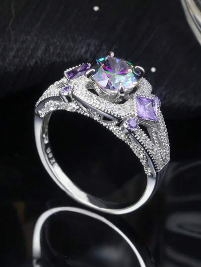 1 anel de noivado em prata esterlina S925, 1 quilate, com pedra arco-íris, luxuoso e brilhante, adequado para casamento, festa, presente para amigos e familiares, joias para o Ramadã
