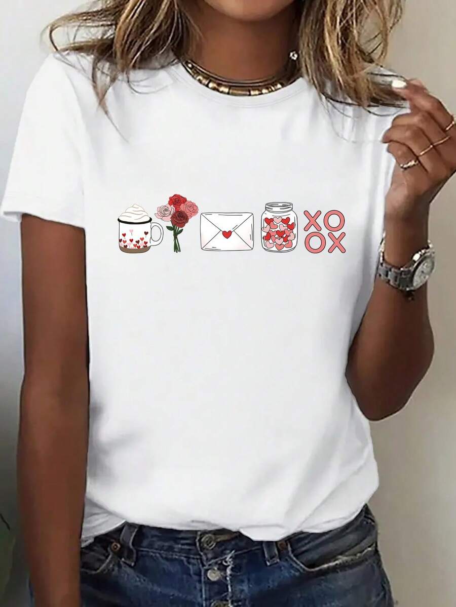 Playera esampado flora 3D plantas moño lazo strass Brillo Estampado Casual Diamante imitación - blanco rojo - Ver 1