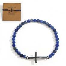 Bracciale da uomo con croce in metallo color acciaio, accessori metallici cool e hardcore con perline di calcedonio rosso cremisi lucido da 4 mm e pietre preziose