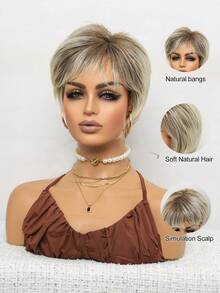 Brazilian Wig 8" Short Straight Layered Grey Wig, Natural Look For Parties, Mother's Day & Casual Attire, Party Accessories, Natural Wig., Halloween - Blonde Highlight - View 5