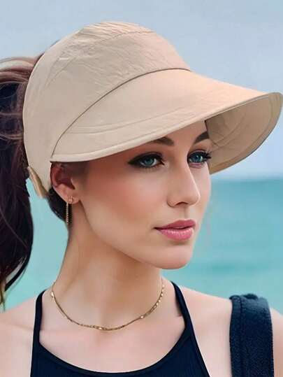 1pc Breathable Women's Sun Hat With Wide Brim, UV Protection, Open-Top Peaked Visor For Ponytails