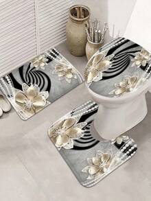 1 件/4 件浴室窗帘淋浴套装，浴帘和浴垫套装，花卉和珍珠图案浴室装饰套装，经典简约豪华浴室套装，配有 12 个挂钩