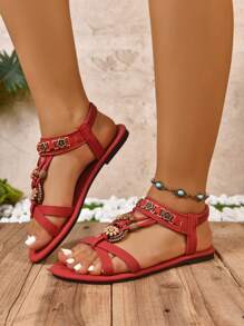 女士平底凉鞋，时尚波西米亚风格交叉复古装饰休闲凉鞋，复古图案轻便舒适户外休闲百搭凉鞋