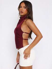 Women's Halter Neck Satin Tank Tops Mock Neck Sleeveless Backless Shirts Solid Color Slim Fit Crop Tops Summer High Neck Vest Camisoles Holiday Beachwear Party Clubwear - 酒紅色 - 查看 5