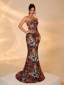 Luxury Embroidered Bead Decor Elegant Women Long Dress, Halter Backless Design - Multicolor - View 6