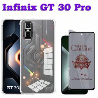 Film de protection d'écran en céramique Infinix GT 30 Pro, film de protection d'écran anti-indiscrétion en céramique Infinix GT 30 Pro + étui de téléphone transparent et souple anti-chute aux quatre coins