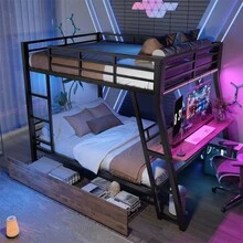 Sairedel Loft Bed, 140 X 200 Cm, Iron Frame, LED Strip, Drawers, Railing, Stairs, Desk, Without Mattress, Black