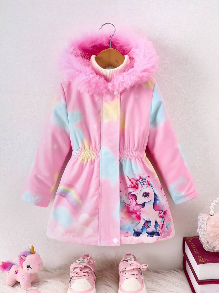 Young Girls Cute Cartoon Unicorn Print Pink Furry Hooded Mid-Length Coat, Autumn/Winter - Pink - View 3