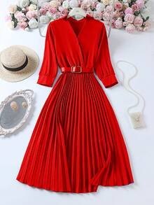 Vestido midi plisado de unicolor con cintura ceñida y elegante, estilo vintage para otoño/invierno, adecuado para homecoming, boda, cumpleaños, atuendos de maestro, talla grande - Rojo - Ver 7