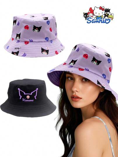 Sanrio 1 pieza Sombrero de pescador de doble cara lindo y bordado para mujer. En verano, Sanrio's Hello Kitty Kuromi ofrece una variedad de estilos para elegir, un imprescindible para viajes y salidas