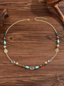[Crystal Faux Turquoise Boho Necklace] Crystal Natural Wooden Beads Faux Turquoise Decor Necklace Boho Vintage Necklace Jewelry