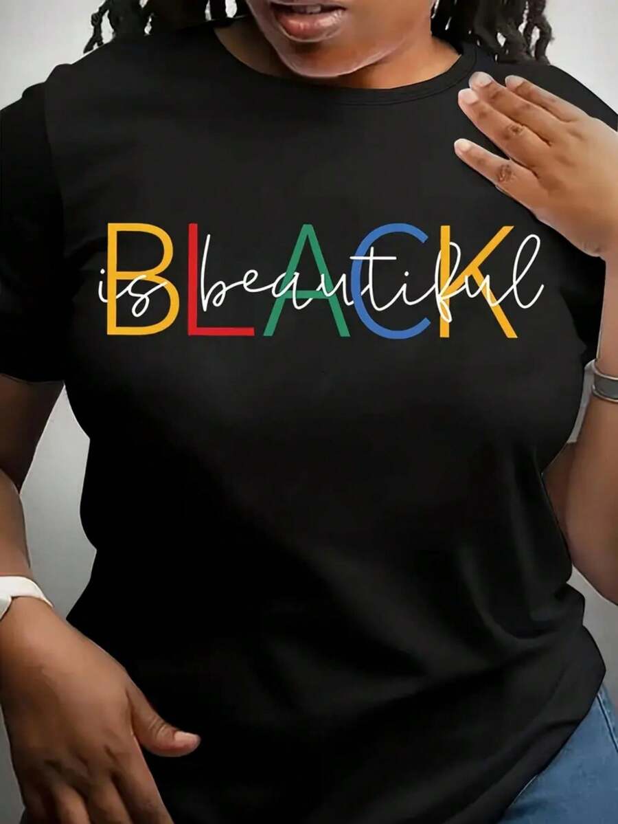Casual Round Neck Short Sleeve Plus Size Breathable Fashion T - Shirt For Women - Empowering "Black Is Beautiful" Statement With Colorful Typography - màu đen - Xem 1