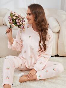 2 piezas Conjunto de pijama de franela con cordón, estampado, esponjoso y grueso. Top de manga larga y pantalón largo de estilo minimalista y de moda, adecuado para usar dentro y fuera, otoño/invierno, ropa de otoño, acogedor - Rosa - Ver 2