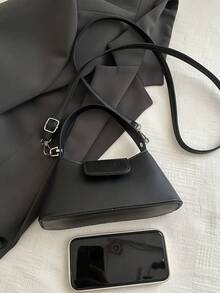 Fashionable Mini Solid Color PU Zipper Handbag, Simple Style Shoulder Bag Suitable For Women Shopping, Dating, Party, Gift And Daily Use , Old Money , Valentines Gifts - Black - View 4