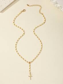 1 件时尚百搭简约十字架吊坠项链 - 金黃色 - 查看 2