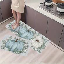 1/2 piezas Alfombras de piso de otoño y Acción de Gracias, elegante alfombra de cocina con estampado de calabaza azul y hoja verde, apropiada para uso interior/exterior, perfecta para actividades festivas, decoración de ambiente de Acción de Gracias, decoración de piso | Alfombras festivas de piso | Alfombras de piso duraderas - Multicolor - Ver 5
