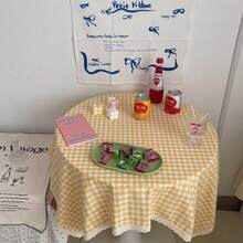 1 件复古花卉蕾丝边多色格子装饰防尘桌布，适合日常装饰和节日 - 橘黃色 - 查看 5