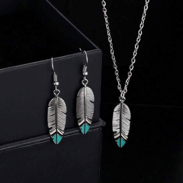 3Pcs Boho Feather Necklace Long Feather Pendant Necklace Chain Gold Silver Leaf Necklace Vintage Deck-Shaped Earrings Jewellery Set For Women And Girls