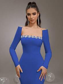 Đầm Maxi Ôm Body Cổ Vuông Tay Dài Đính Đá Rhinestone Mới, Đầm Dạ Hội Cưới Trang Trọng Cho Nữ - Xanh đậm - Xem 6