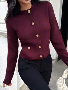 DEEKA Spring & Autumn New Casual Fashion Minimalist Gold Button Knitted Cardigan Sweater - Burgundy - View 5