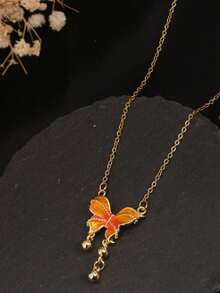 1 件不锈钢简约渐变色珐琅蝴蝶吊坠项链带流苏，适合女性派对和日常佩戴 - 金色 - 查看 5