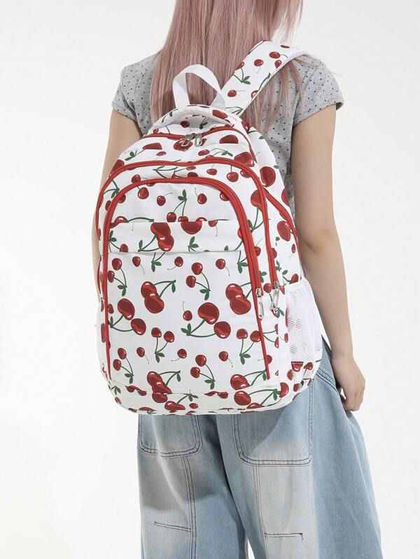 Fashionable & Cherry Print Backpack, Minimalist & Fresh Style, Cute & Sweet, Large Capacity, Suitable For Outdoor, Commute, School, All-Match