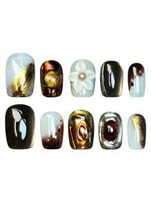10 件手工按压指甲 3D 花卉装饰，棕金色金属光泽，宝石般的纹理与复古奢华风格，短棺材假指甲适合晚会、返校舞会和华丽场合，丙烯酸指甲艺术与果冻胶和指甲锉指甲用品指甲