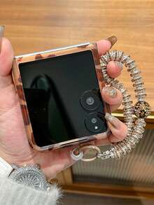 猎豹纹 1 件折叠屏幕锡箔豹纹软硅胶全包裹防震手机壳带腕带，款式可爱，因手机型号而异 - 卡其色 - 查看 2