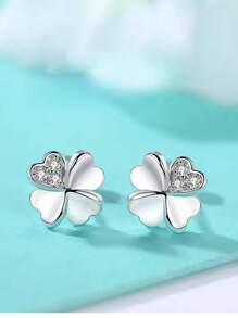 1 Pair 925 Sterling Silver Elegant Four-Leaf Clover Stud Earrings For Women, Inlaid With Synthetic Cubic Zirconia, Luxury Shining Design, Hypoallergenic, Suitable For Carnival And Music Festivals, 1 Pair Earring Gift