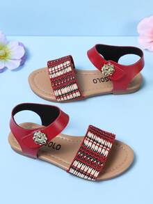 1 Pair Girls' Summer Woven Red Sandals, Minimalist Casual Fashion, Flat Beach Strap Princess Shoes, Suitable For Daily, Vacation And Travel - Red - View 2