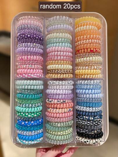 20pcs/Pack Random Color Spiral Hair Ties, High Elasticity Hair Scrunchies, Sweet & Cute Style, Women Ponytail Hair Accessories